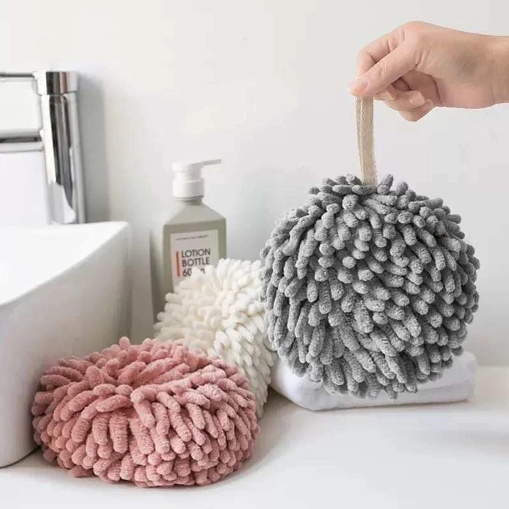 Puff hand towel in gray chenille soft, with hanging rope, high absorbent, fluffy